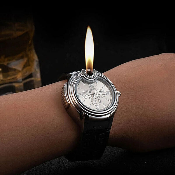 Wrist Watch Inflatable Lighter, 2 In 1 Cigarette Lighter, Cyclic Inflatable Flame Adjustable Lighter, Multifunctional Metal Open Frame Watch Lighter, Men's Sports Watch Gas Lighter